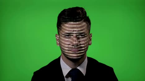 IT-businessman-at-work-with-projected-computer-blockchain-code-on-face-blinking-and-thinking-on-green-screen