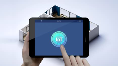 IoT-smart-home,-berühren-das-smart-Pad,-Tablet,-Home-Appliance,-Fenster-Vorhänge-geöffnet-nahe-auto.-Internet-der-Dinge.