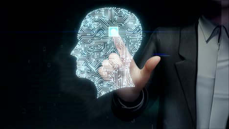 Businessman-touching-brain-connected-Human-shape-chip-circuit-board,-grow-artificial-intelligence.-4K-movie