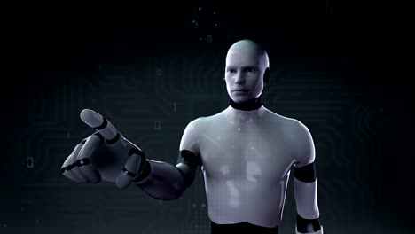 Robot,-cyborg-touching-3-points-in-digital-interface-background-4K-movie.