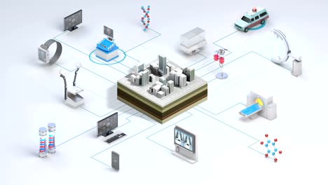 Varios-dispositivos-de-atención-médica-inteligentes,-equipos-médicos-que-conectan-la-ciudad-digital.-escáner-de-resonancia-magnética,-ct,-rayos-X.-4k.