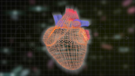 Das-polygonale-dreidimensionale-Herz-pulsiert-über-schwarzem-Hintergrund-mit-bunten-defokussierten-Laserstrahlen,-die-schweben.