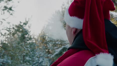 Mann-in-roten-Weihnachtsmütze-rauchen-auf-verschneiten-Winterwald.-Rückansicht-Mann-in-Neujahr-Hut-wie-Weihnachtsmann-rauchen-im-Winter-wald.