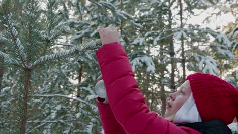 Young-woman-hanging-silver-ball-on-New-Year-tree-branch-in-snowy-forest.-Happy-girl-teenager-decorating-Christmas-tree-with-ball-in-winter-forest.