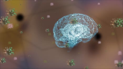 Disease-spreadig-on-brain.-3d-animation-of-brain-surrounded-with-viruses-floating-isolated-on-blurred-background.