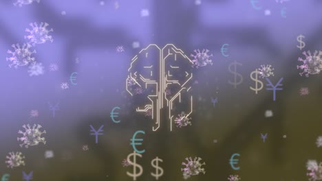 Animación-digital-de-un-cerebro-humano-de-estilo-hud-con-dólar,-euro-y-icono-de-yen-flotando-en-el-entorno-del-virus-infectado.