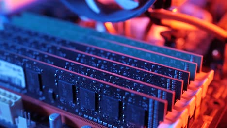 Macro-view-of-DDR3-RAM--memory-modules-installed-on-the-motherboard,--slider-shoot