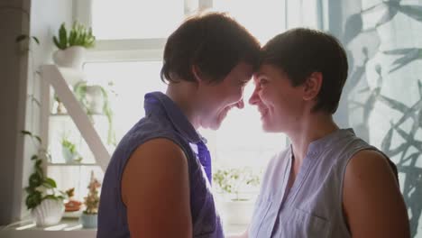 Two-young-women-hug-and-kiss-at-home.-Casual-clothing.-Lesbian-couple,-homosexual-relations,-same-sex-love.