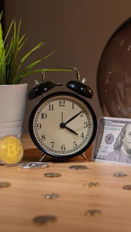 Bitcoin-fast-rising-price.-Time-lapse.-Close-up-view-of-bitcoins,-alarm-clock-and-small-bundle-of-dollars-on-table-changing-into-large-wad-of-cash-in-half-hour,-concept-of-bitcoin-price-surge