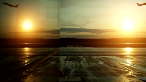 Reflexion-im-Flughafenfenster-eines-Startflugzeugs-bei-Sonnenuntergang