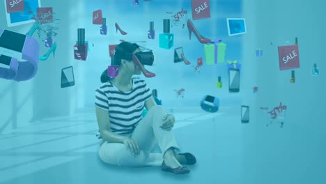 Animación-de-la-mujer-caucásica-usando-casco-vr-sobre-iconos-de-productos-flotantes