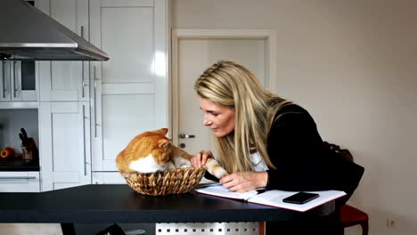 Business-Woman-Playing-with-a-Cat-in-a-Basket