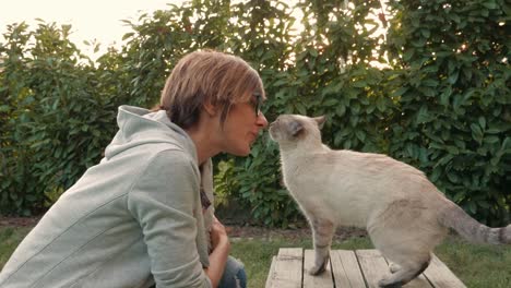 Slow-motion:-domestic-cat-playing-with-woman-in-backlight