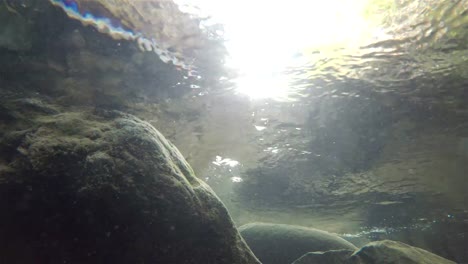 Interior-view-of-a-river-with-big-stone-and-water-particles-passing