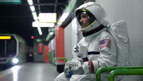 Un-hombre-vestido-de-astronauta-utiliza-el-smartphone-para-llamar-y-enviar-mensajes.-Las-sonrisas-de-astronauta-mirando-el-teléfono-en-la-mano.