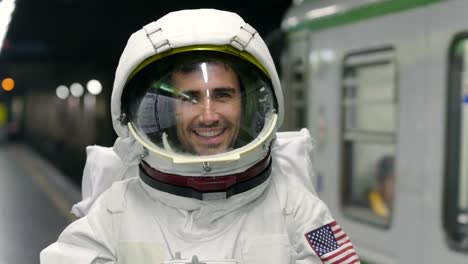 An-astronaut-dressed-man-uses-the-smartphone-to-call-and-send-messages.-The-astronaut-smiles-while-looking-at-the-phone-in-his-hand.