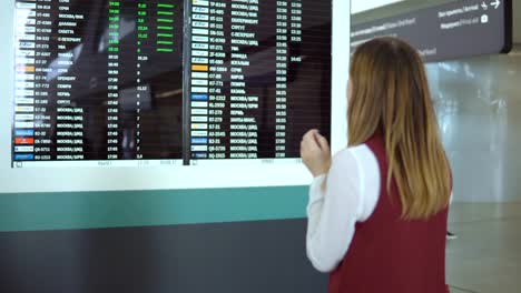 Beautiful-girl-stands-and-choice-flight-on-the-background-of-blurry-scoreboard-with-the-notice.