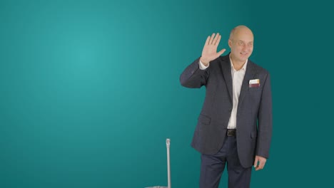 Business-man-with-suitcase-waving-hand-while-meet-in-airport-on-green-background