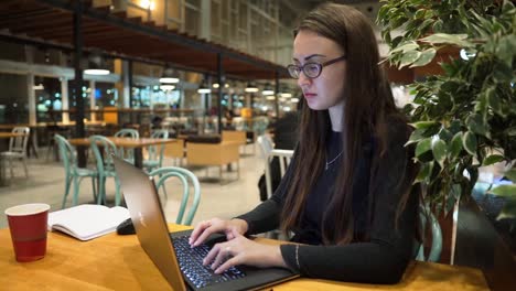 Junges-Mädchen-im-Schauspiel-Brille-arbeiten-mit-Laptop-eine-an-einem-Holztisch