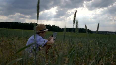 chico-disfruta-de-vistas-de-la-naturaleza-y-utiliza-tablet,-soñador-y-artista