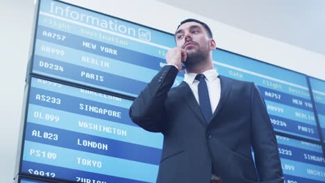 Businessman-talking-on-Mobile-Phone-next-to-Information-Board-at-the-Airport.