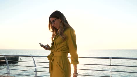 Young-business-lady-with-suitcase-using-smartphone-at-the-seafront