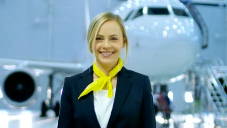 En-un-avión-mantenimiento-Hangar-joven-hermosa-rubia-azafata-/-auxiliar-de-vuelo-se-mueve-a-la-cámara-y-sonríe-encantadoramente.-En-el-avión-nuevo-de-fondo-es-Visible.