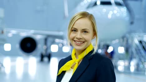 In-a-Aircraft-Maintenance-Hangar-Young-Beautiful-Blonde-Stewardess/-Flight-Attendant-Smiles-Charmingly-on-Camera.-In-the-Background-Brand-New-Airplane-is-Visible.