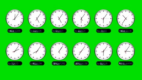 Different-Time-Zones-Clocks-On-A-Green-Screen-In-Time-Lapse