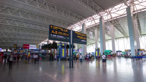 Tageszeit-Guangzhou-Stadtpanorama-Flughafen-Check-in-Zone-4-k-Zeit-hinfällig,-china