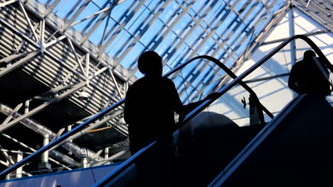 Modern-glass-building-and-moving-silhouettes-of-business-persons-on-escalator