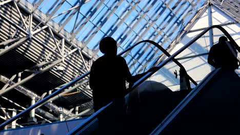 Vidrio-moderno-edificio-y-siluetas-de-personas-de-negocios-en-movimiento-en-escalera-mecánica