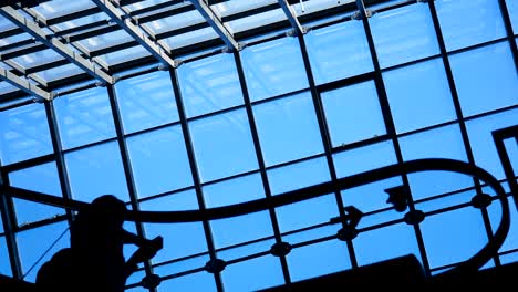 Menschen-Silhouetten-auf-Rolltreppe-bewegt-sich-in-Einkaufszentrum-mit-großen-Fenstern