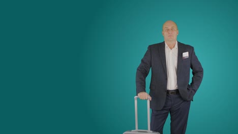 Business-man-with-suitcase-waiting-airplane-in-airport-on-green-background