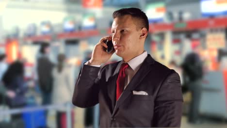 Airport-Business-Man-on-Mobile-Phone,-Talking-and-Travel,-Red-Tie-and-Suit