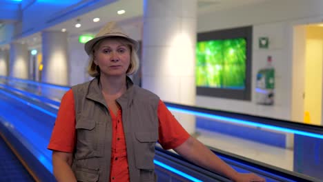 Die-Frau-auf-der-Rolltreppe-im-Flughafen