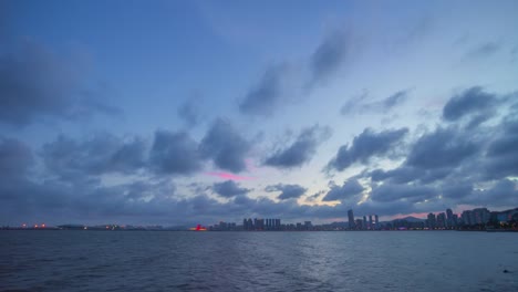 Sonnenuntergang-Himmel-Zhuhai-Stadtbild-Bucht-Panorama-4-k-Zeit-hinfällig,-china
