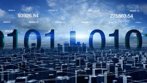 Blick-auf-die-Skyline-der-Stadt-mit-futuristischen-Netzwerkverbindungen-und-Zahlen.