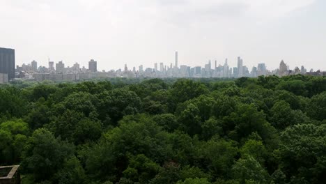 Central-Park-Luft-steigt-über-Bäume-bis-zum-Wolkenkratzer-in-Manhattan-New-York-City