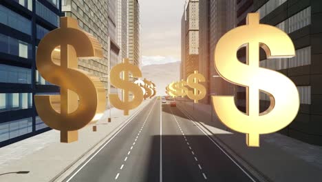 US-Dollar-Sign-In-The-City---Flight-Animation-Over-The-Road