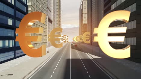 Signo-de-moneda-de-euro-en-la-ciudad---animación-de-vuelo-sobre-el-camino