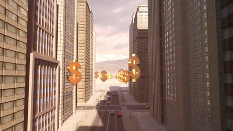 US-Dollar-Sign-In-The-City---Flight-Animation-Over-The-Road