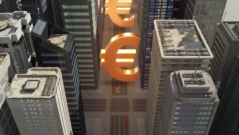 Signo-de-moneda-de-euro-en-la-ciudad---animación-de-vuelo-sobre-el-camino