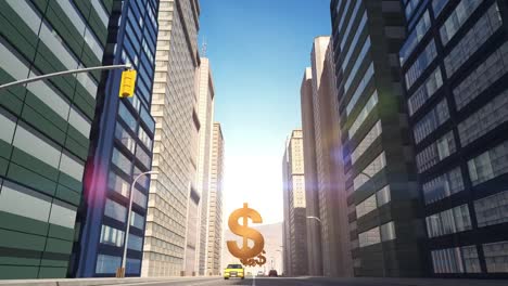 US-Dollar-Sign-In-The-City---Flight-Animation-Over-The-Road