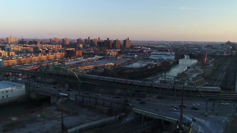 Aerial-of-Harlem,-New-York-City-at-Sunset