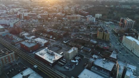 Aerial-of-Harlem,-New-York-City-at-Sunset