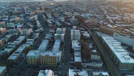 Aerial-of-Harlem,-New-York-City-at-Sunset