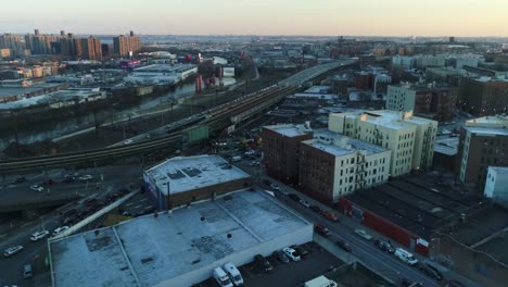 Aerial-of-Harlem,-New-York-City-at-Sunset