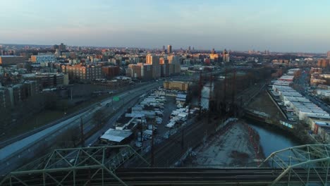 Aerial-of-Harlem,-New-York-City-at-Sunset