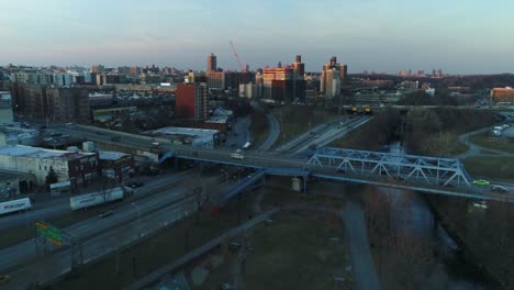 Aerial-of-Harlem,-New-York-City-at-Sunset